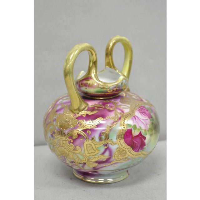Pink Antique Austrian Hand Painted Moriage Porcelain Double Swung Handle Bulbous Vase For Sale - Image 8 of 16
