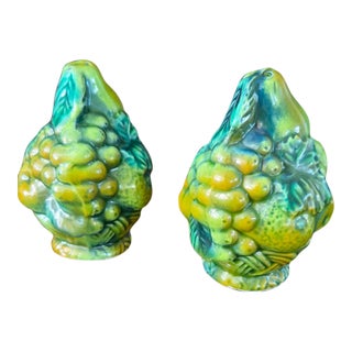 1960s Inarco E2604 Green Majolica-Style Fruit Salt and Pepper Shakers — Pair For Sale