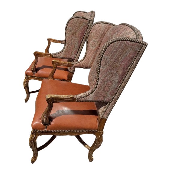English A Pair of Custom Ralph Lauren Wingback Lounge Chairs Upholstered in Leather and Paisley For Sale - Image 3 of 18