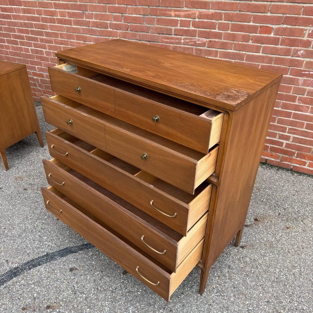 Mid-Century Modern Vintage Mid Century Broyhill Forward Walnut Highboy Dresser For Sale - Image 3 of 11