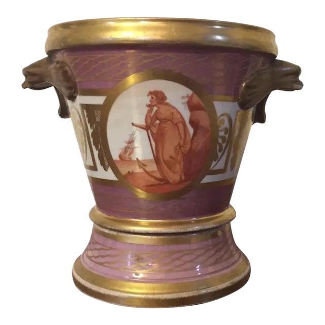 1800s English Coalport Porcelain Cachepot and Stand with Dolphin Mask Handles For Sale