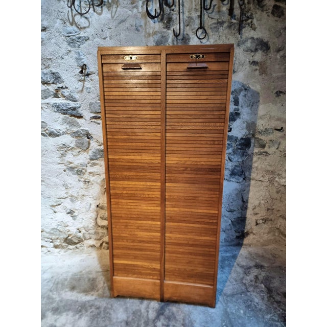 Vintage French Oak Tambour Cabinet, 1960s For Sale - Image 12 of 16