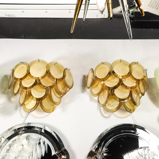 Glass Pair of Modernist 14-Disc Sconces in Hand-Blown Murano Topaz Glass For Sale - Image 7 of 15