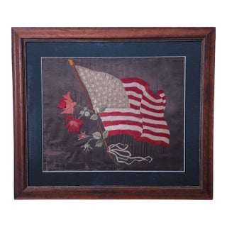 47 Star American Flag Silk Embroidered Picture With Roses, Circa 1912 For Sale