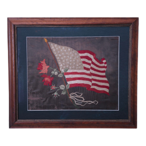 47 Star American Flag Silk Embroidered Picture With Roses, Circa 1912