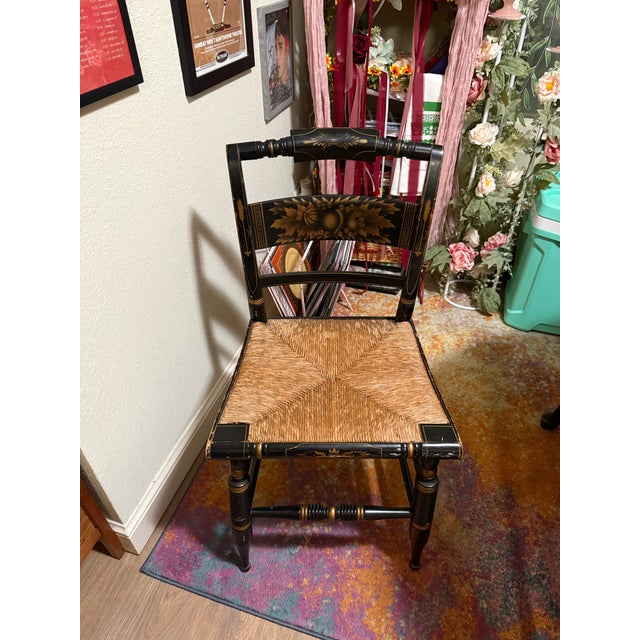 Textile Vintage Heywood-Wakefield Style Drop-Leaf Dining Table With 4 Hitchcock Rush Seat Chairs – Old Colony Style For Sale - Image 7 of 12