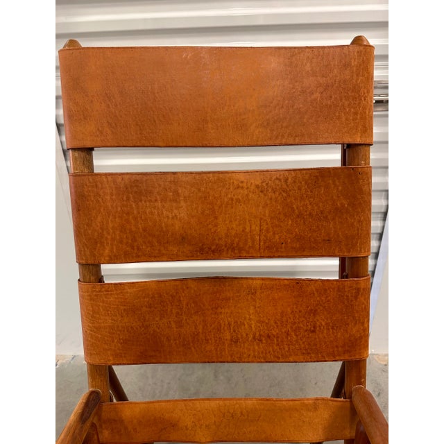 Mid 20th Century Campaign Style Teak Brown Leather Folding Rocker Rocking Chair For Sale - Image 11 of 12