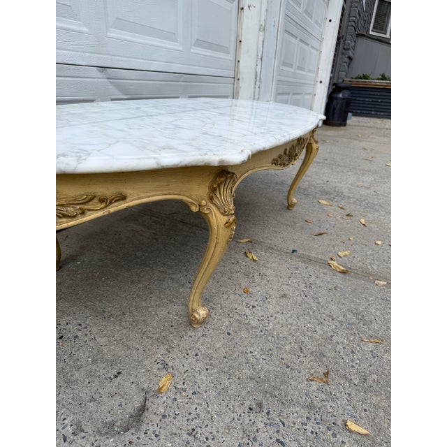 Mid 20th Century Vintage French Louis XV Style Marble-Top Coffee Table With Carved Floral Apron and Cabriole Legs For Sale - Image 5 of 12