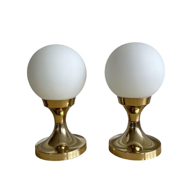 Hungarian Industrial Table Lamp with Tulip Shaped Brass Base and Spherical Milk Glass Shade, 1970s For Sale - Image 14 of 14