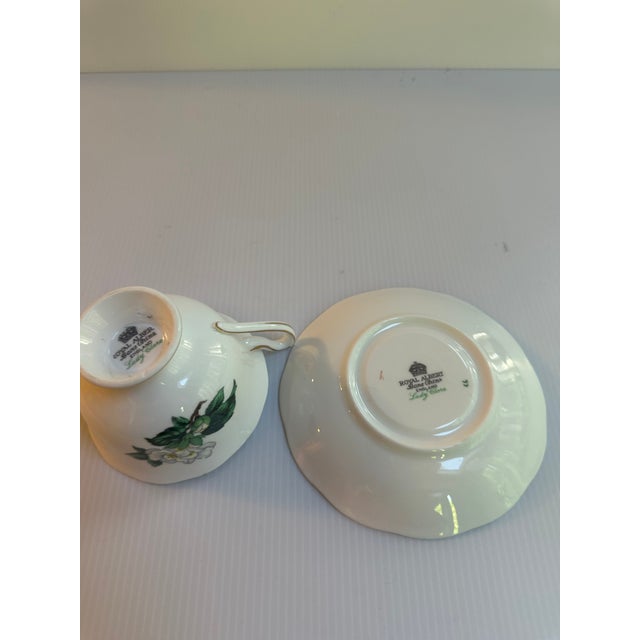 Vintage Royal Albert England "Lady CLARE"Sign A.Wagg Teacup and Saucer Set White Gardenia Green Leaves For Sale - Image 16 of 18