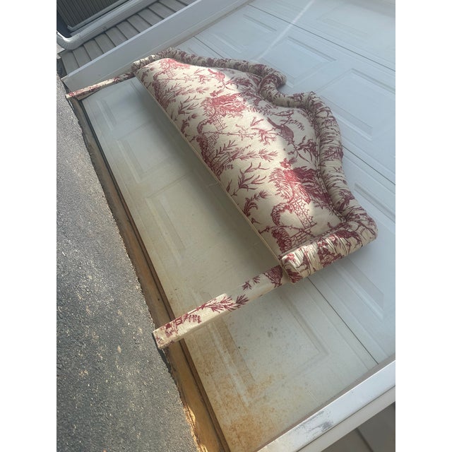 French Country Vintage French Country Toile Upholstered Headboard – King/Queen, Rolled Silhouette For Sale - Image 3 of 10