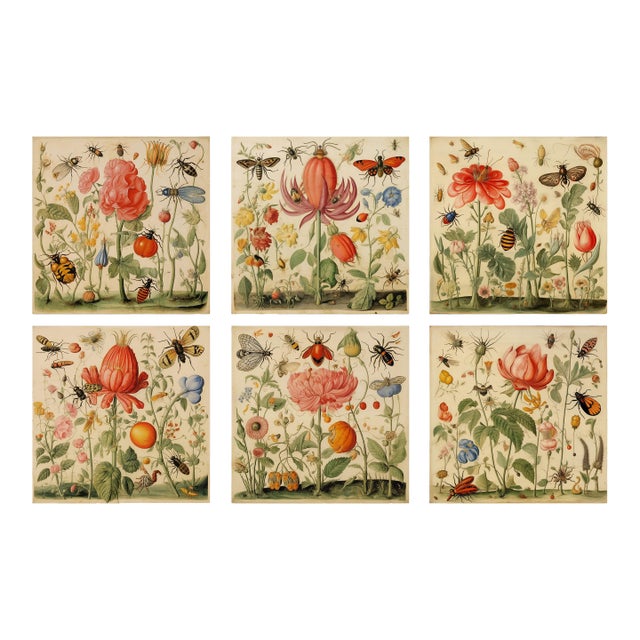 Set of 6 - 54" X 36" Gallery Wall Installation 'Insects and Flowers' Botanical Floral Prints, Unframed For Sale