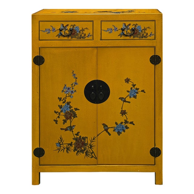 Oriental Bright Mustard Yellow Vinyl Flower Bird Graphic Cabinet For Sale