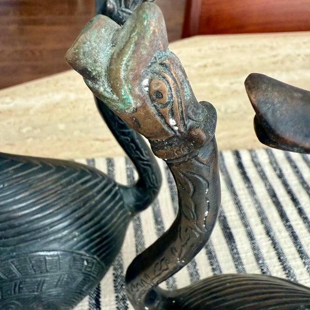 Two Antique Aquamanile Mughal Bronze Ritual Hamsa Goose / Swans W Golden Eyes For Sale - Image 4 of 12