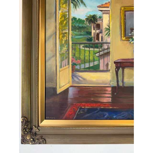 Wood Vintage Mediterranean Villa Interior Oil Painting on Canvas – Framed For Sale - Image 7 of 12