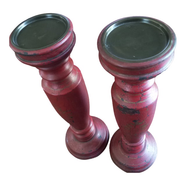 Vintage Rustic Style Red Distressed Wood Pillar Candle Holders Wood - a Pair For Sale