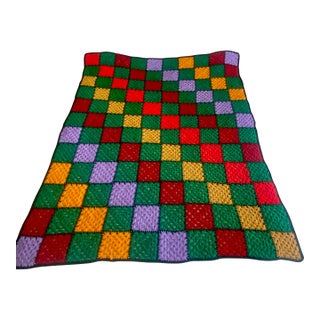 Vintage Granny Square Hand Crocheted Afghan Multicolor Blanket/Throw Excellent Condition For Sale