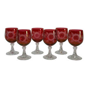 Late 19th Century Bohemian Crystal Floral Cut Etched Cranberry Iridescent Goblets, Set of 6