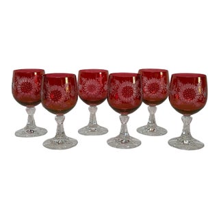 Late 19th Century Bohemian Floral Etched Cranberry Iridescent Glass Goblets, Set of 6 For Sale
