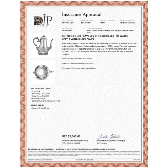 Antique j.g Ltd Heavy 925 Sterling Silver Hot Water Kettle With Hinged Cover For Sale - Image 10 of 10