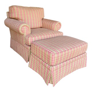Harden English Country Plaid Club Chair & Matching Ottoman – Traditional Tartan Upholstery For Sale