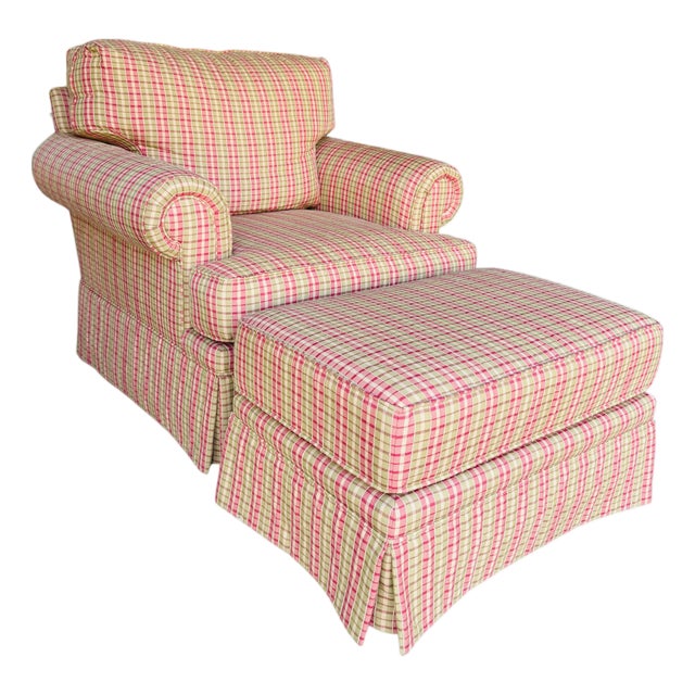 Harden English Country Plaid Club Chair & Matching Ottoman – Traditional Tartan Upholstery For Sale