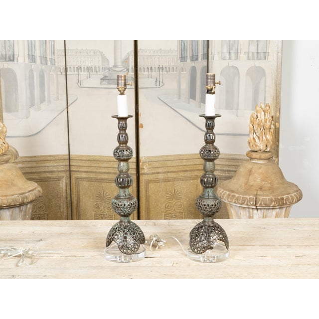 Pair of Asian Mid-Century Bronze Table Lamps with Openwork Decor and LuciteBases For Sale - Image 4 of 9