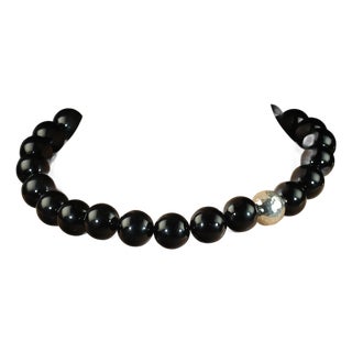 Ajd 20 Inch Awesome Black Onyx 20 MM Necklace With Pure Silver Focal For Sale