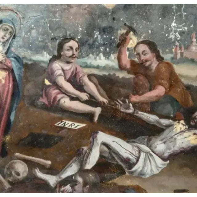 Gold Pair of Spanish Colonial School Reverse Glass Paintings Framed For Sale - Image 8 of 16