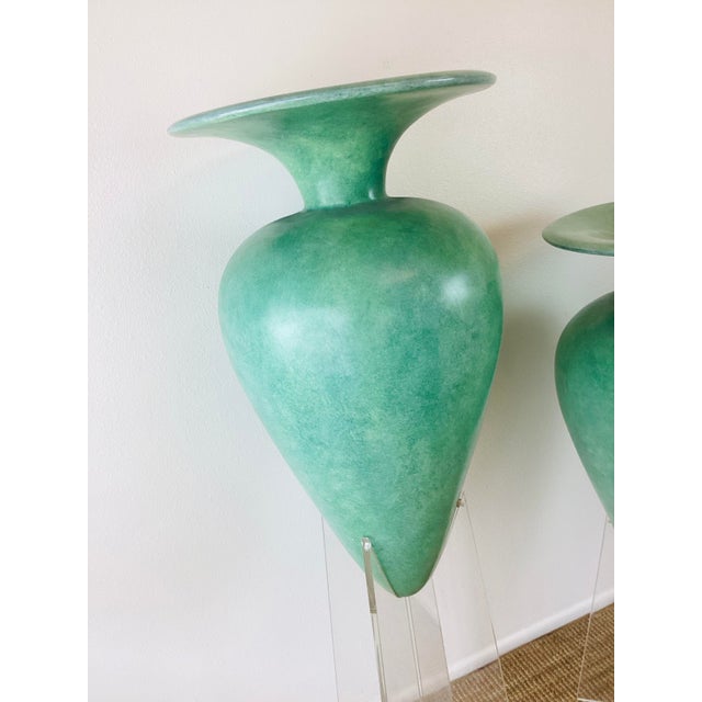Vintage 1980s Jade Green Oversized Floor Vase Vessel on Lucite Base, a Pair For Sale In Palm Springs - Image 6 of 9