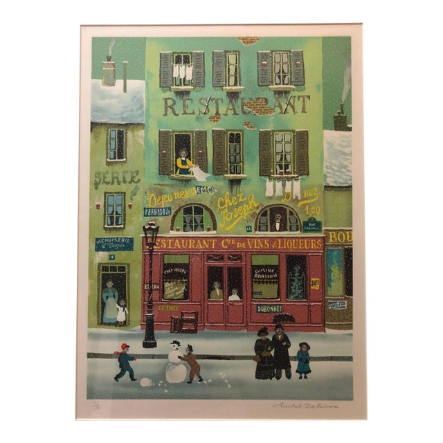 Michel DelacroixHand signed Folk Art Naive lithograph on Arches Paper Paris Snowman Scene For Sale