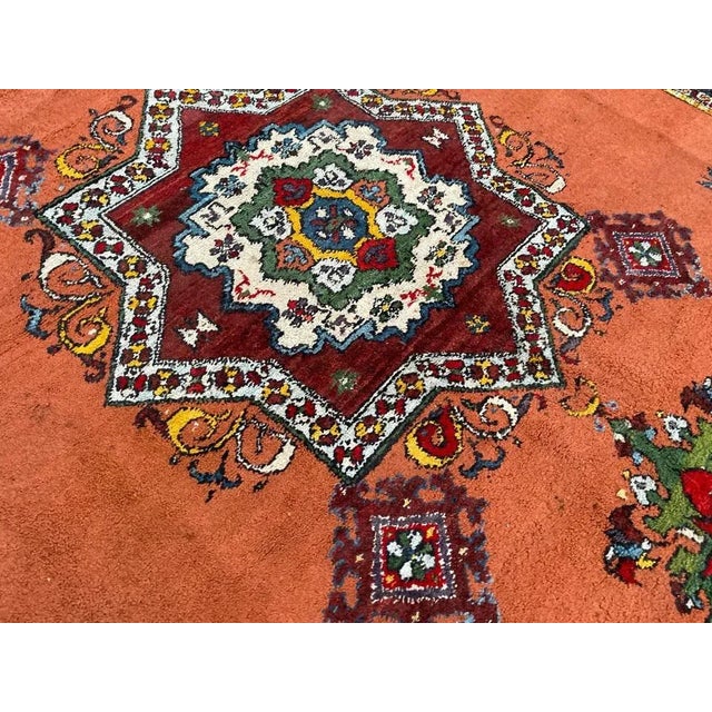 Very beautiful Moroccan rug with nice tribal design with a central medallion, and nice colors with orange, red, blue,...