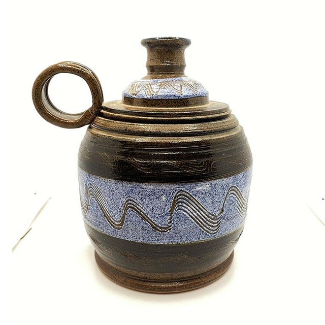 Mid 20th Century Mid Century Ceramic Vessel Vase or Carafe in Blue and Brown - Signed For Sale - Image 5 of 9