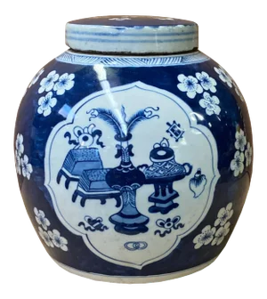 Chinese Blue & White Flower Vase Graphic Porcelain Ginger Jar