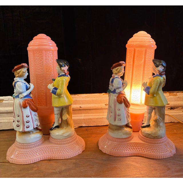 Vintage Art Deco Courting Couples Pink Glass Lamps1930s Era - a Pair For Sale - Image 6 of 12