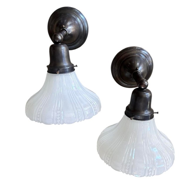 Pair Beaded Pattern Clam Shell White Glass Shade Wall Sconces on Original Old Bronzing Brass Holders, Circa 1920 For Sale - Image 4 of 5