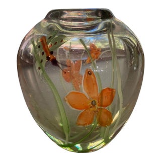 Mid Century Art Glass Paperweight Vase Butterflies For Sale