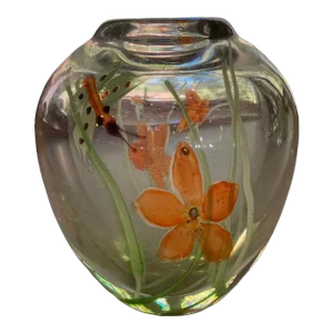 Mid Century Art Glass Paperweight Vase Butterflies