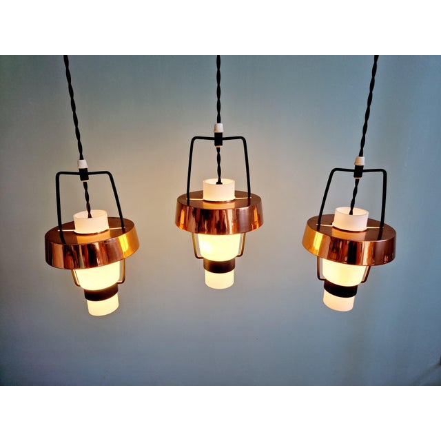 Scandinavian Pendant Lights in White Opaline and Copper Metal, 1960s, Set of 3 For Sale - Image 15 of 18