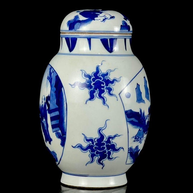 Vintage Blue and White Porcelain Lidded Jar With Figural Landscape Panels For Sale In Los Angeles - Image 6 of 8