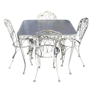 Vintage Lyon-Shaw Windflower Lattice Wrought Iron Garden Patio Dining Set 5 Pcs For Sale