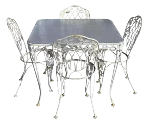 Vintage Lyon-Shaw Windflower Lattice Wrought Iron Garden Patio Dining Set 5 Pcs