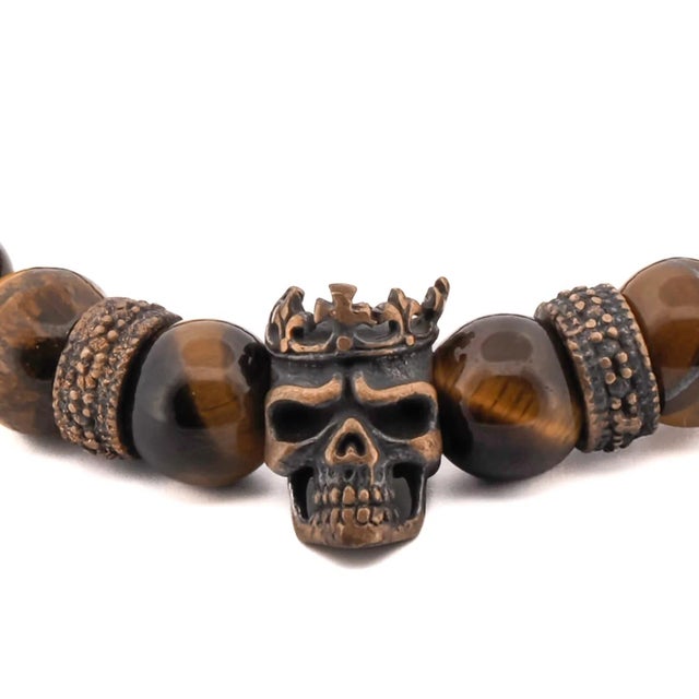 Contemporary King Skull Tiger's Eye Stone Beaded Bracelet For Sale - Image 3 of 7