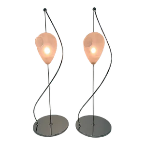 Italian Suspended Murano Glass and Chrome Base Table Lamps - a Pair