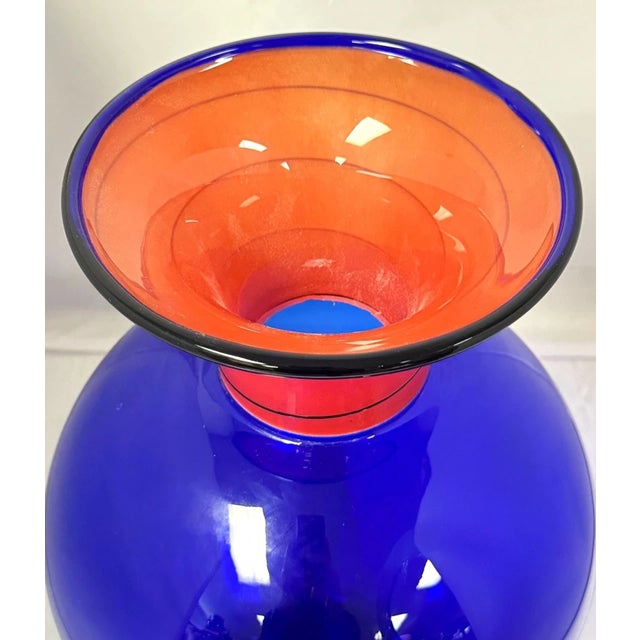 Vintage Handcrafted Signed B.A.G. Barovier & Toso Blue and Red Swirl Murano Art Glass Vase. Approximately 7" x 16"
