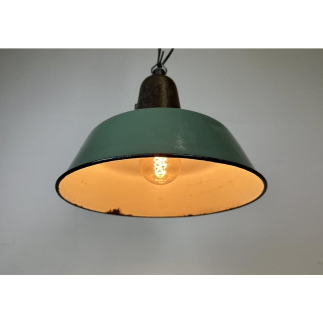 Industrial Green Enamel Factory Lamp with Cast Iron Top, 1960s For Sale - Image 15 of 17