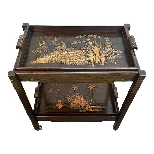 Mid 20th Century Asian Collapsible Wooden Butler’s Tray Two Tiered Table For Sale