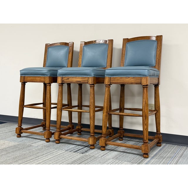 Rustic Beautiful Bar Stool Oak Frame Vinyl Seat & Back ~ Set of 3 For Sale - Image 3 of 7