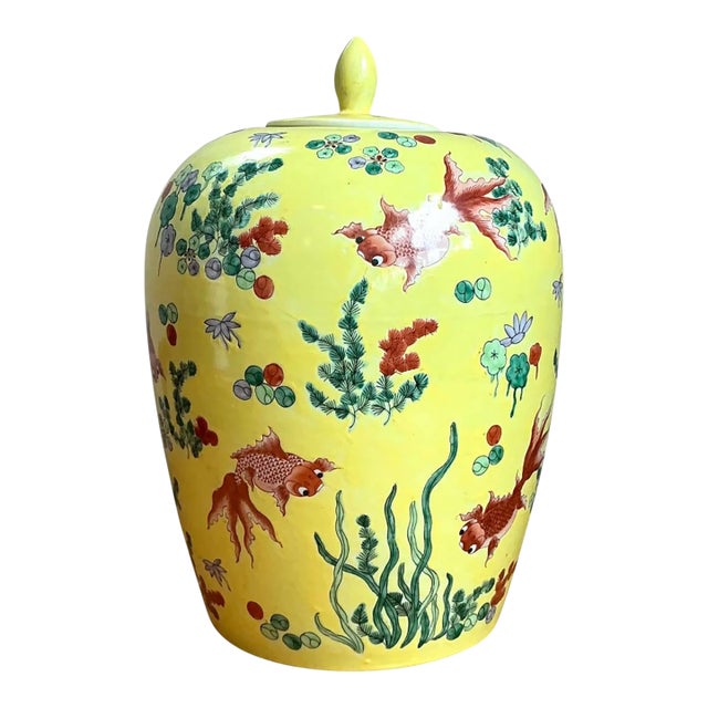 Vintage Yellow Ceramic Fish Motif Jar For Sale