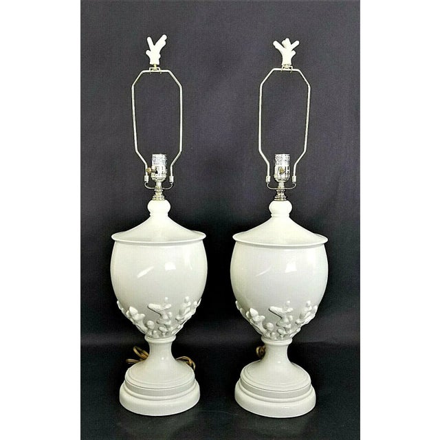 Designer Coastal Table Lamps With Embossed Coral and Coral Finials - Set of 2 For Sale - Image 10 of 10